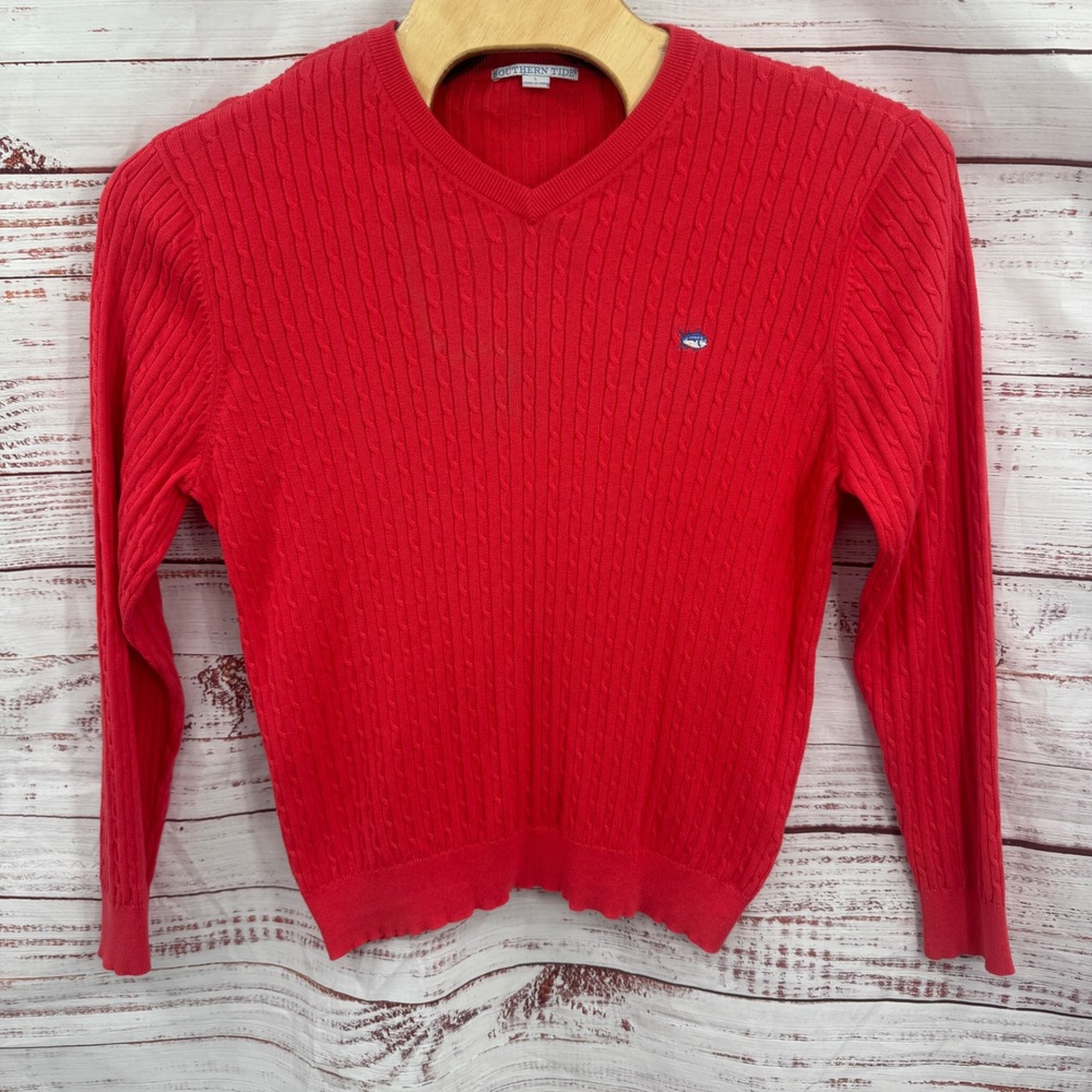 Southern Tide Sweater Mens Size Large Red‎ Cable Knit V Neck Fish Logo